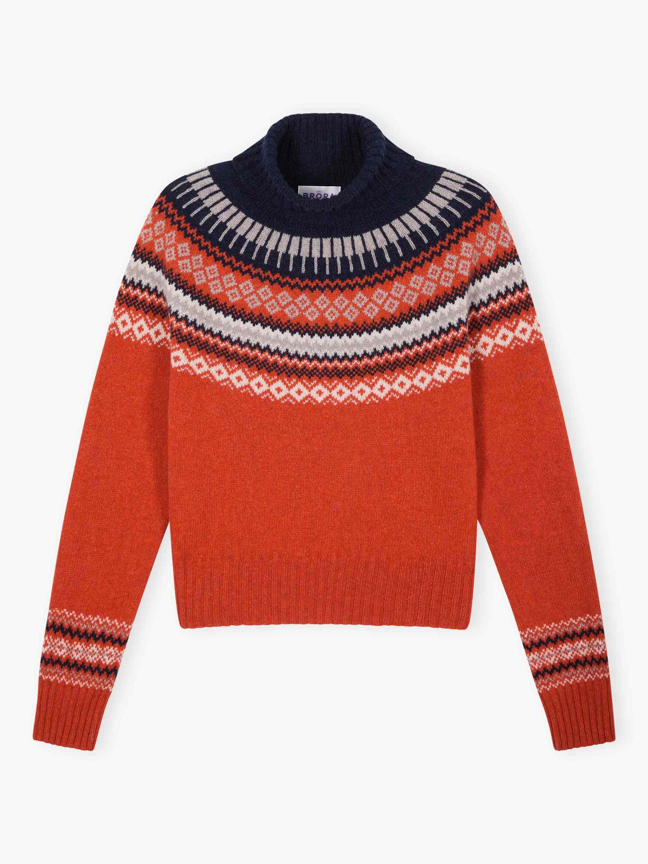 Product image 6 of 6, which shows Brora Fair Isle Roll Neck Lambswool Jumper, Burnt Orange, 8-10