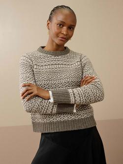 Brora Cashmere Folk Fair Isle Jumper, Mushroom/Swan, Mushroom/Swan