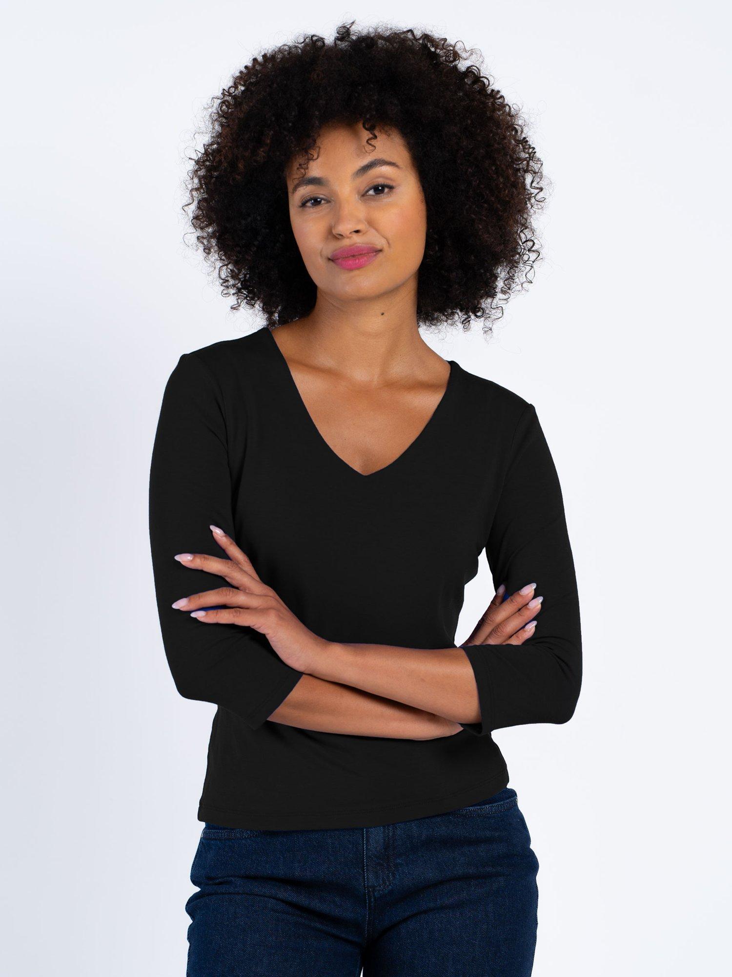 Product image 1 of 5, which shows Celtic & Co. Darcey V Neck Cotton Blend Top, Black, 8