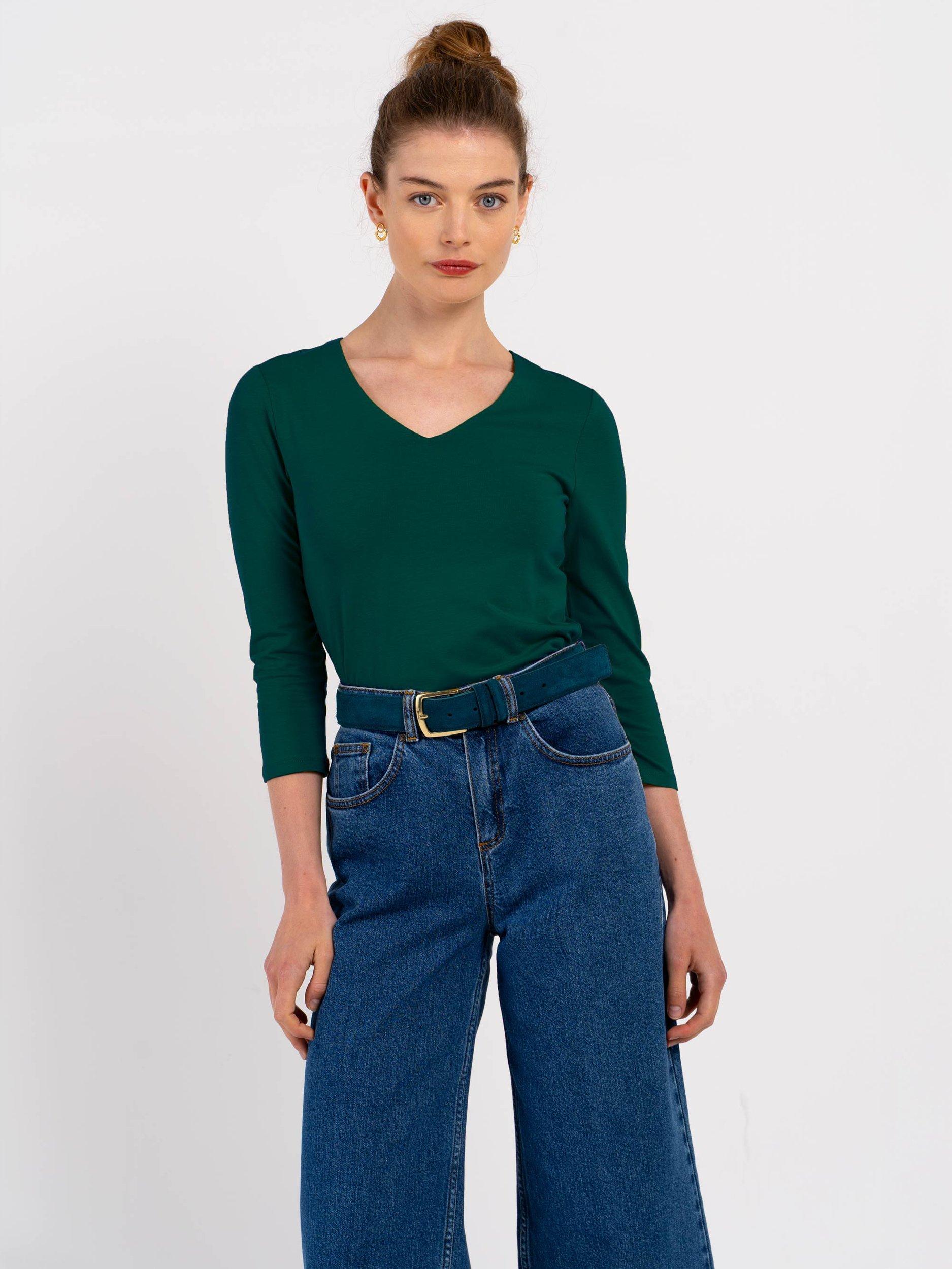 Product image 1 of 4, which shows Celtic & Co. Darcey V Neck Cotton Blend Top, Pine, 8