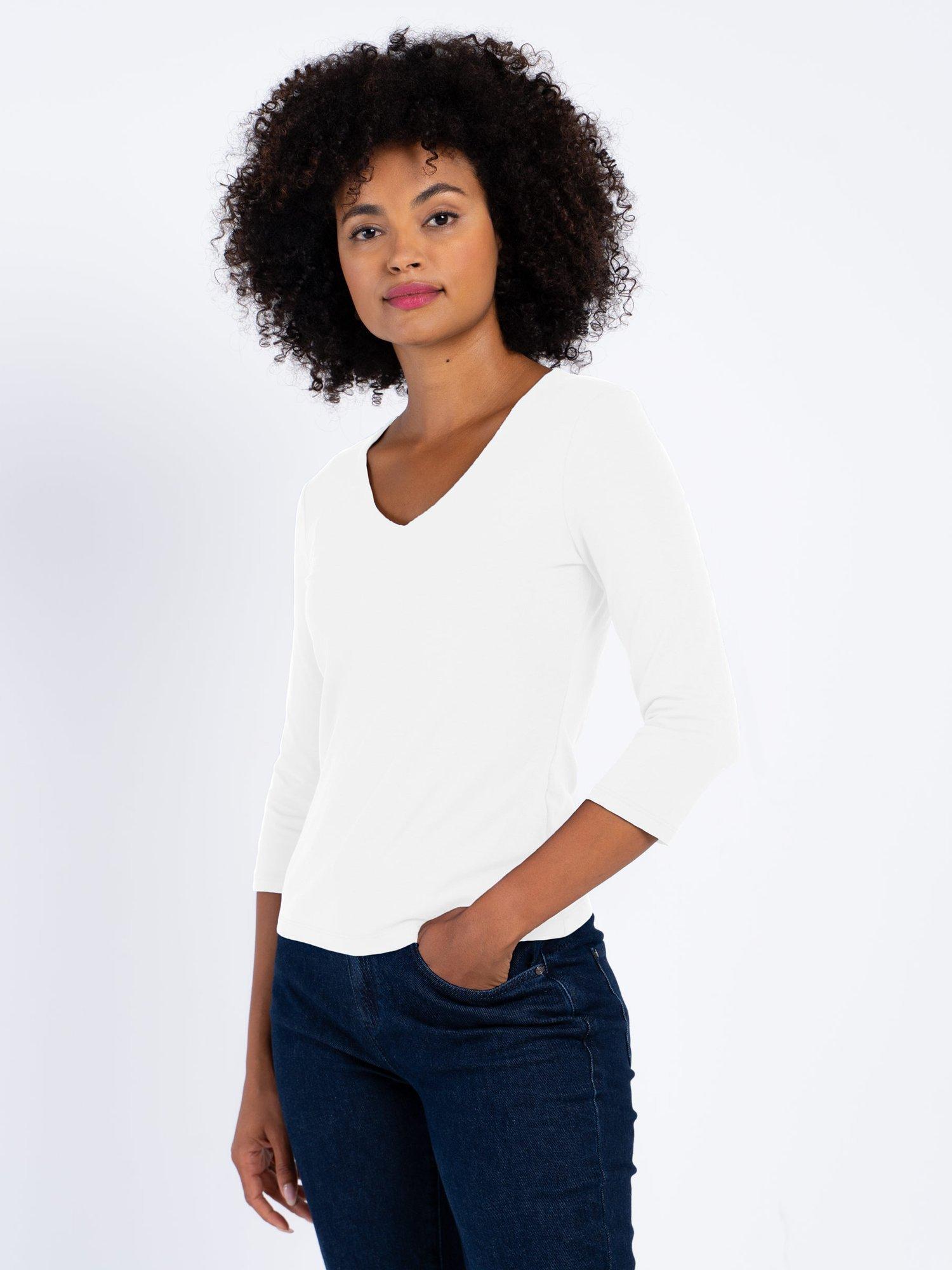 Product image 1 of 4, which shows Celtic & Co. Darcey V Neck Cotton Blend Top, White, 8