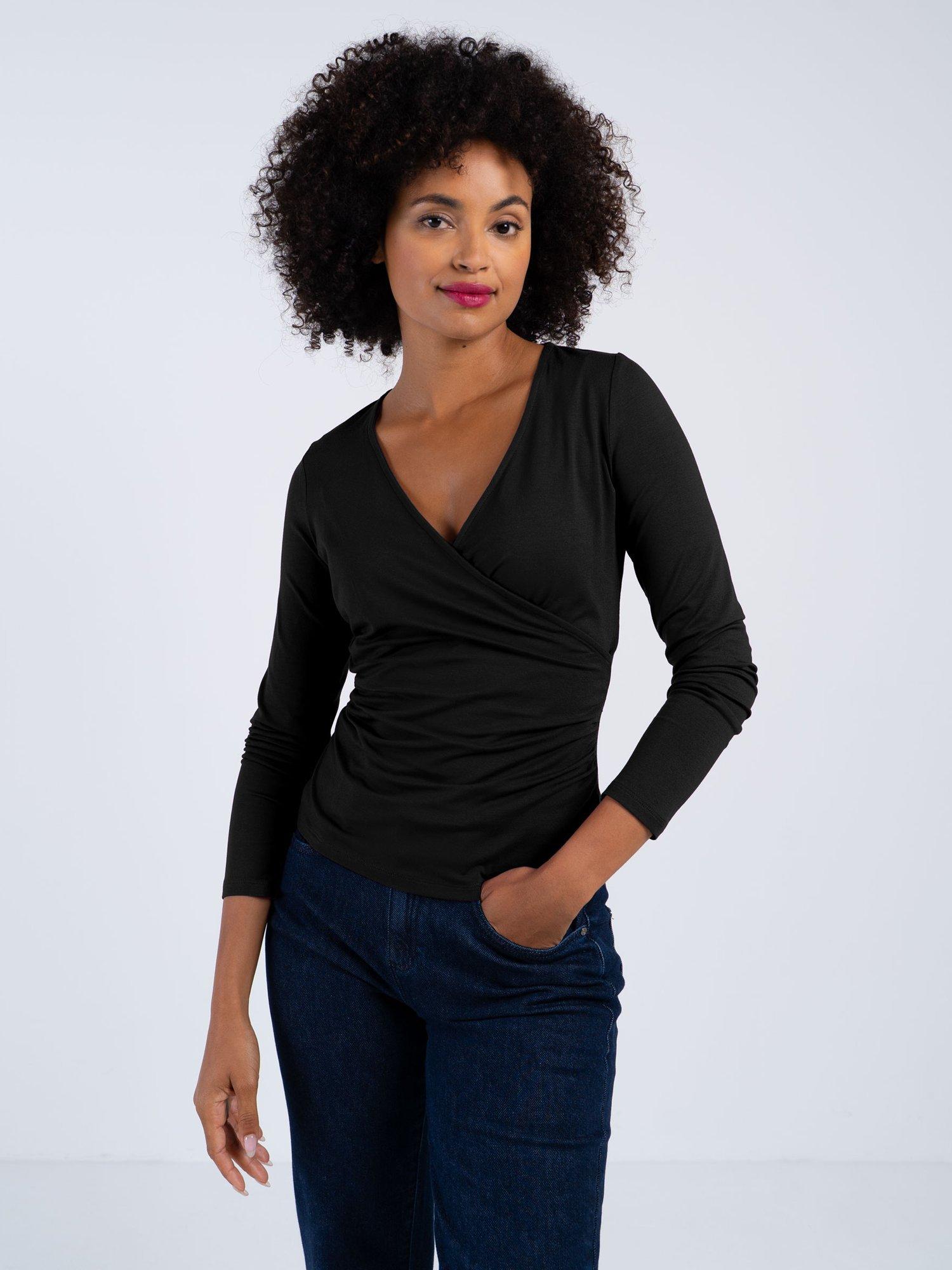 Product image 1 of 4, which shows Celtic & Co. Faux Crossover Long Sleeve Top, Black, 8