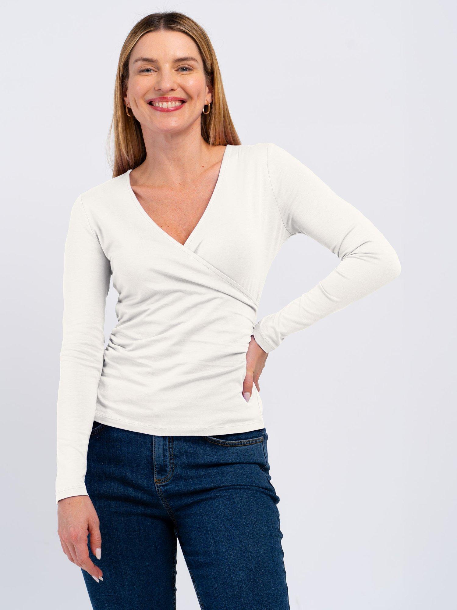 Product image 1 of 5, which shows Celtic & Co. Faux Crossover Long Sleeve Top, Soft White, 8
