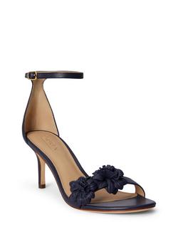 Lauren Ralph Lauren Allie Flower Heeled Leather Sandals, Navy - view 2, Navy
