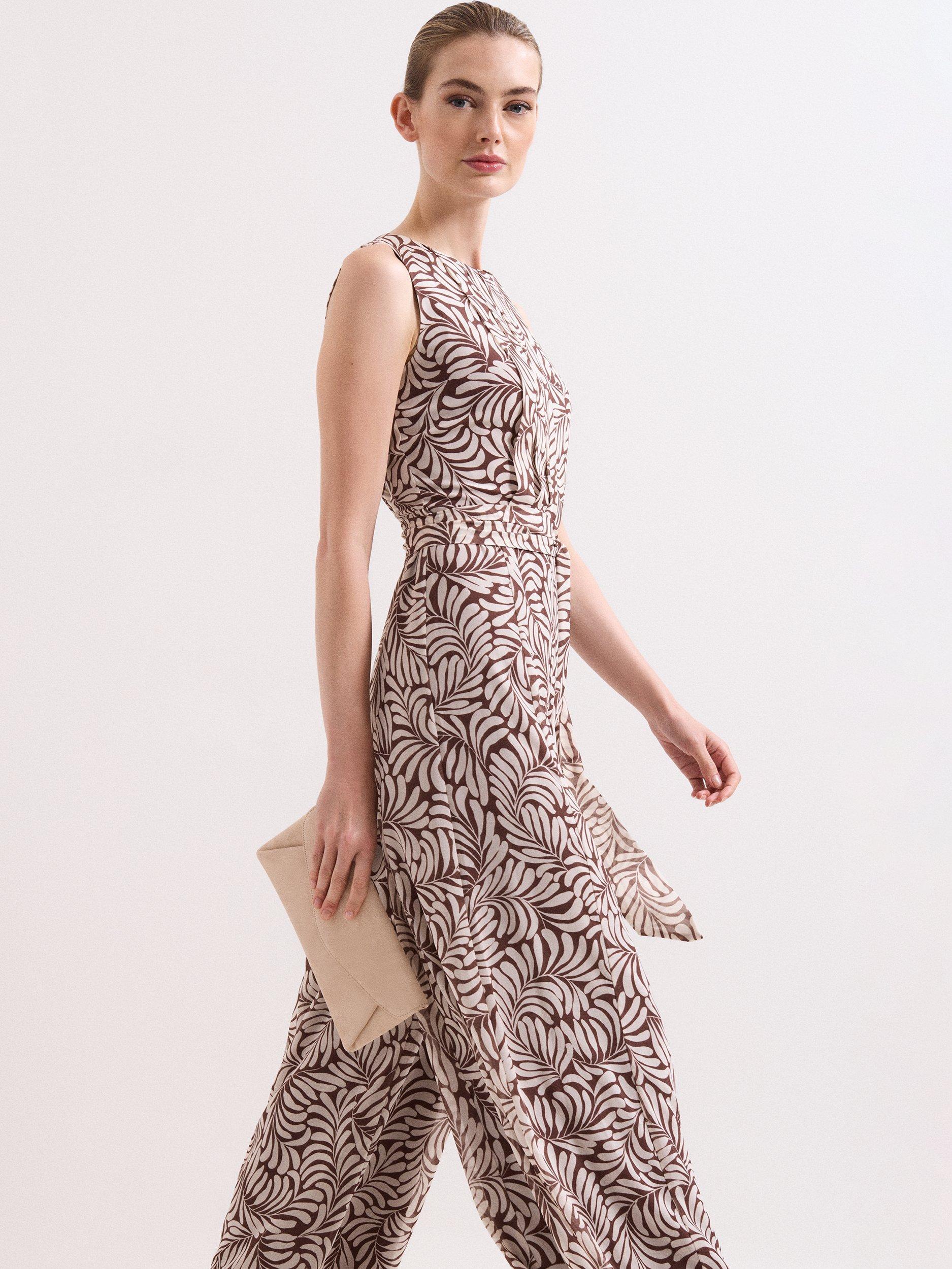 Product image 3 of 8, which shows Phase Eight Petite Janine Leaf Print Jumpsuit, Latte, 10