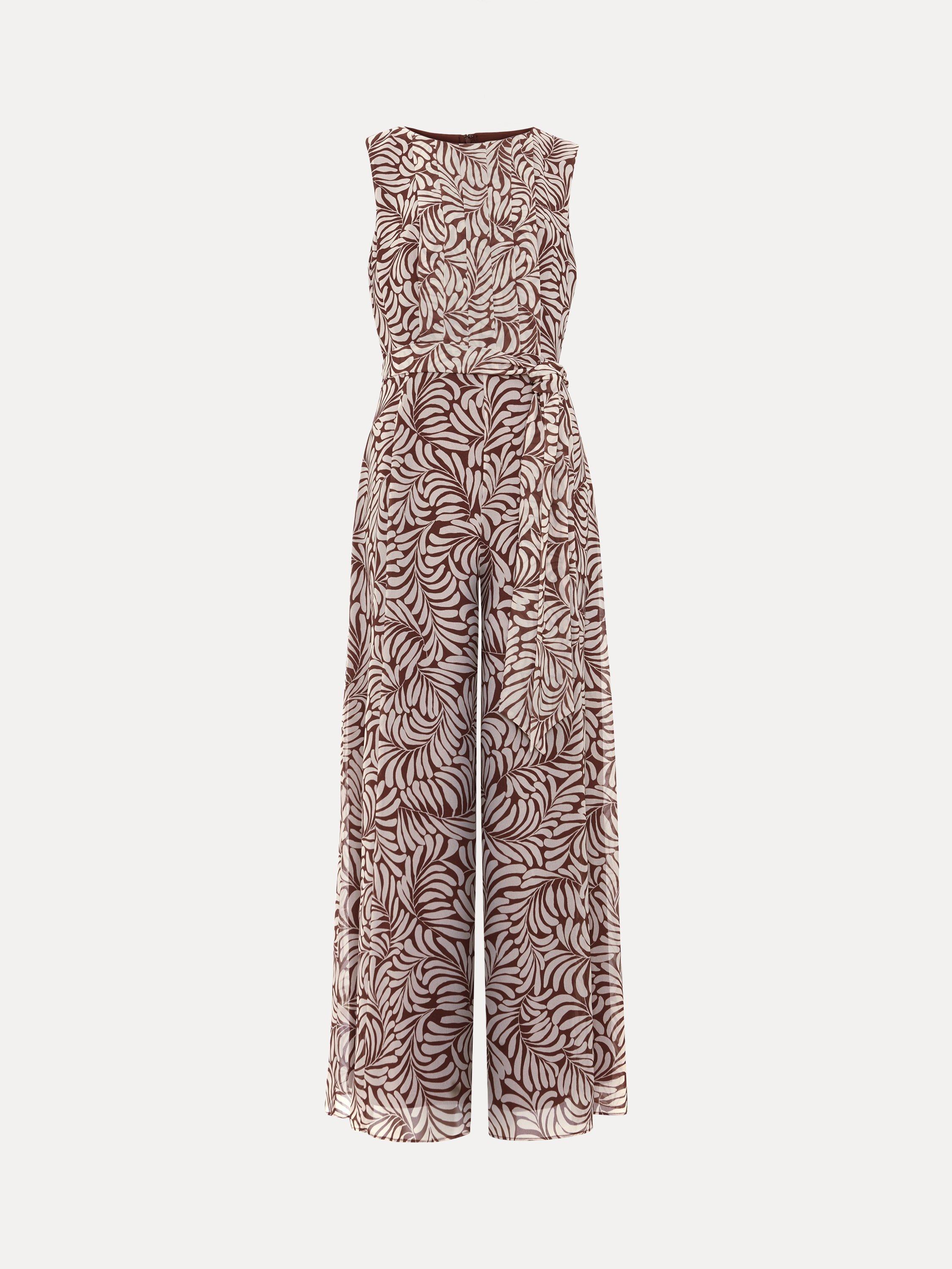 Product image 5 of 8, which shows Phase Eight Petite Janine Leaf Print Jumpsuit, Latte, 10