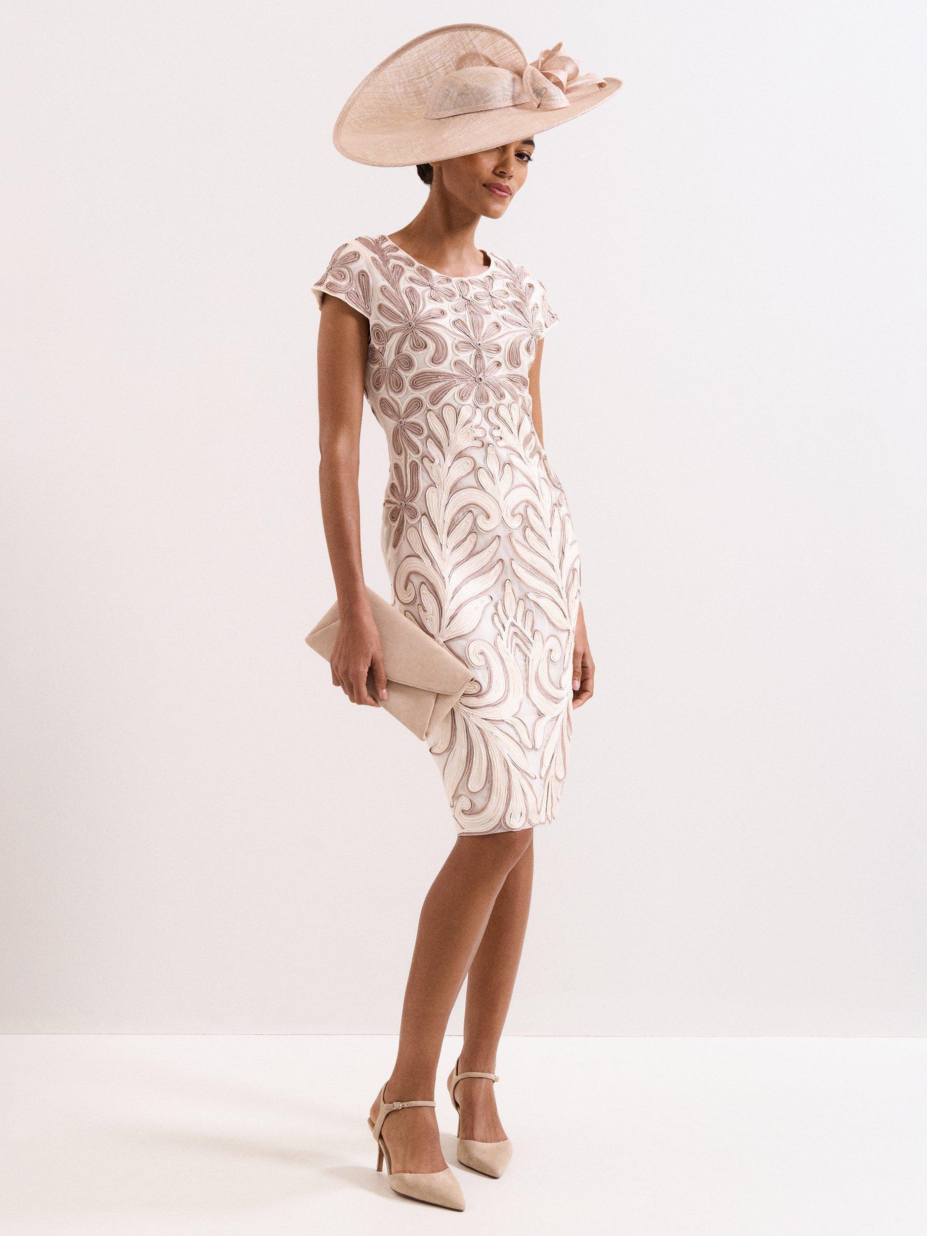 Product image 1 of 9, which shows Phase Eight Margaret Tapework Dress, Latte, 10