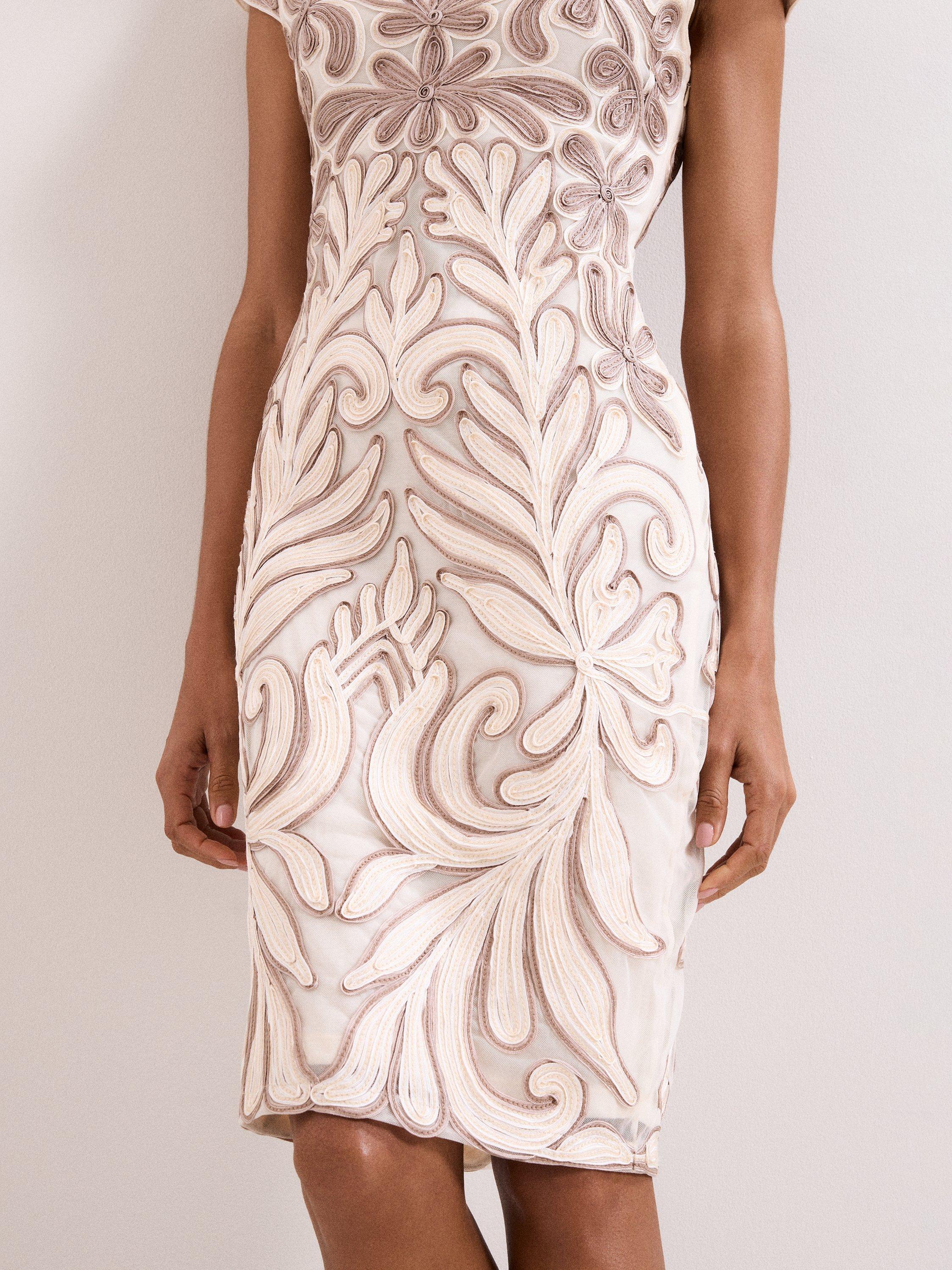 Product image 8 of 9, which shows Phase Eight Margaret Tapework Dress, Latte, 10