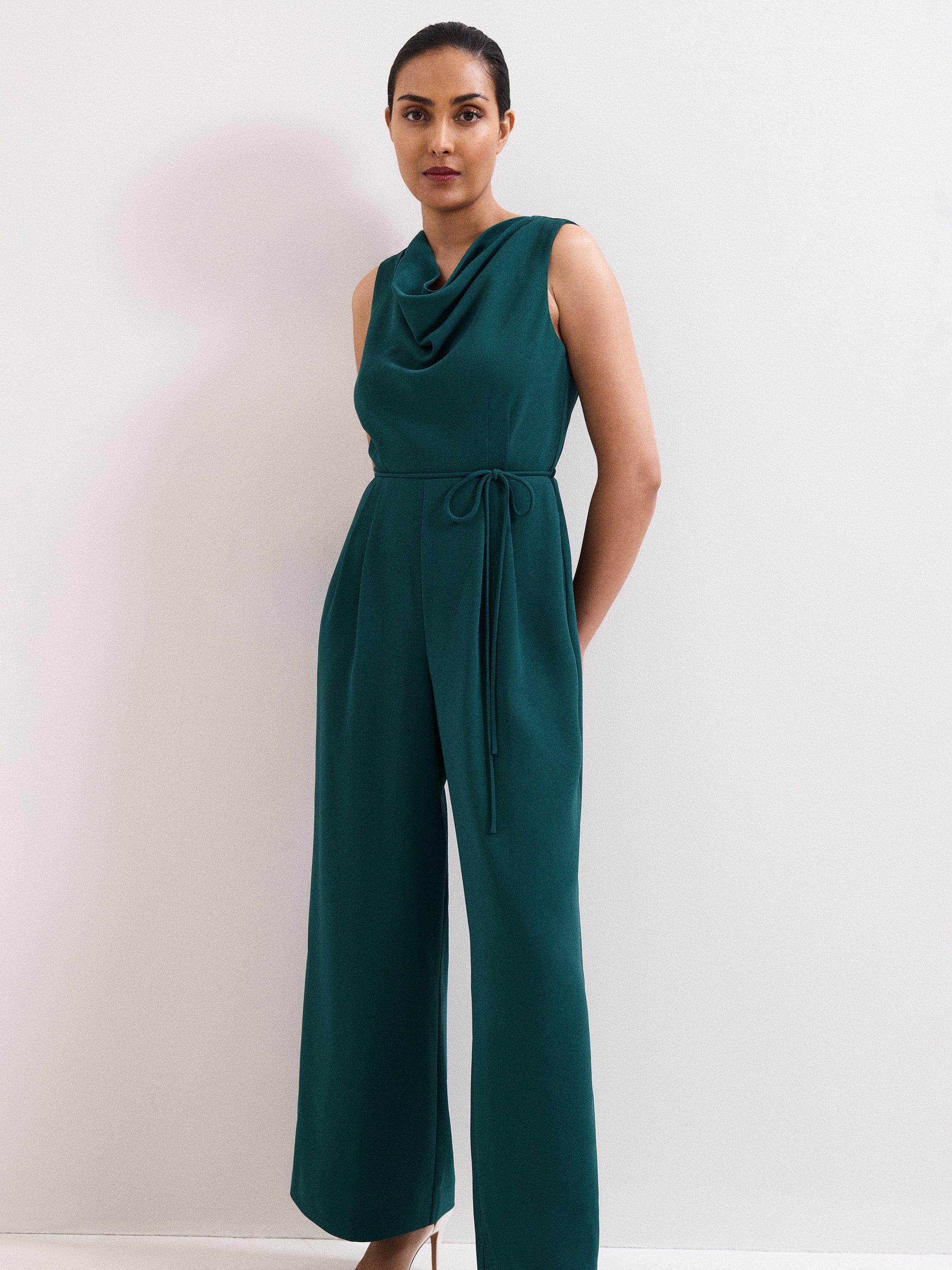 Product image 3 of 8, which shows Phase Eight Petite Monique Cowl Neck Jumpsuit, Teal, 10