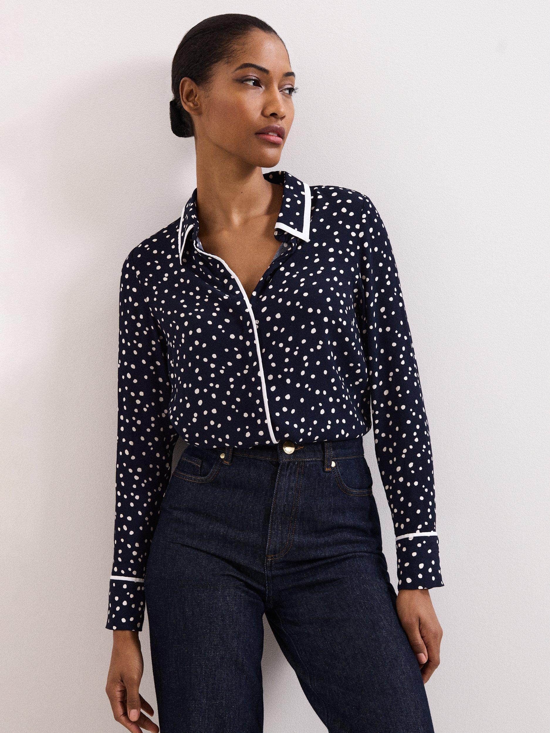 Product image 1 of 9, which shows Phase Eight Rita Spot Print Shirt, Navy/Ivory, 10