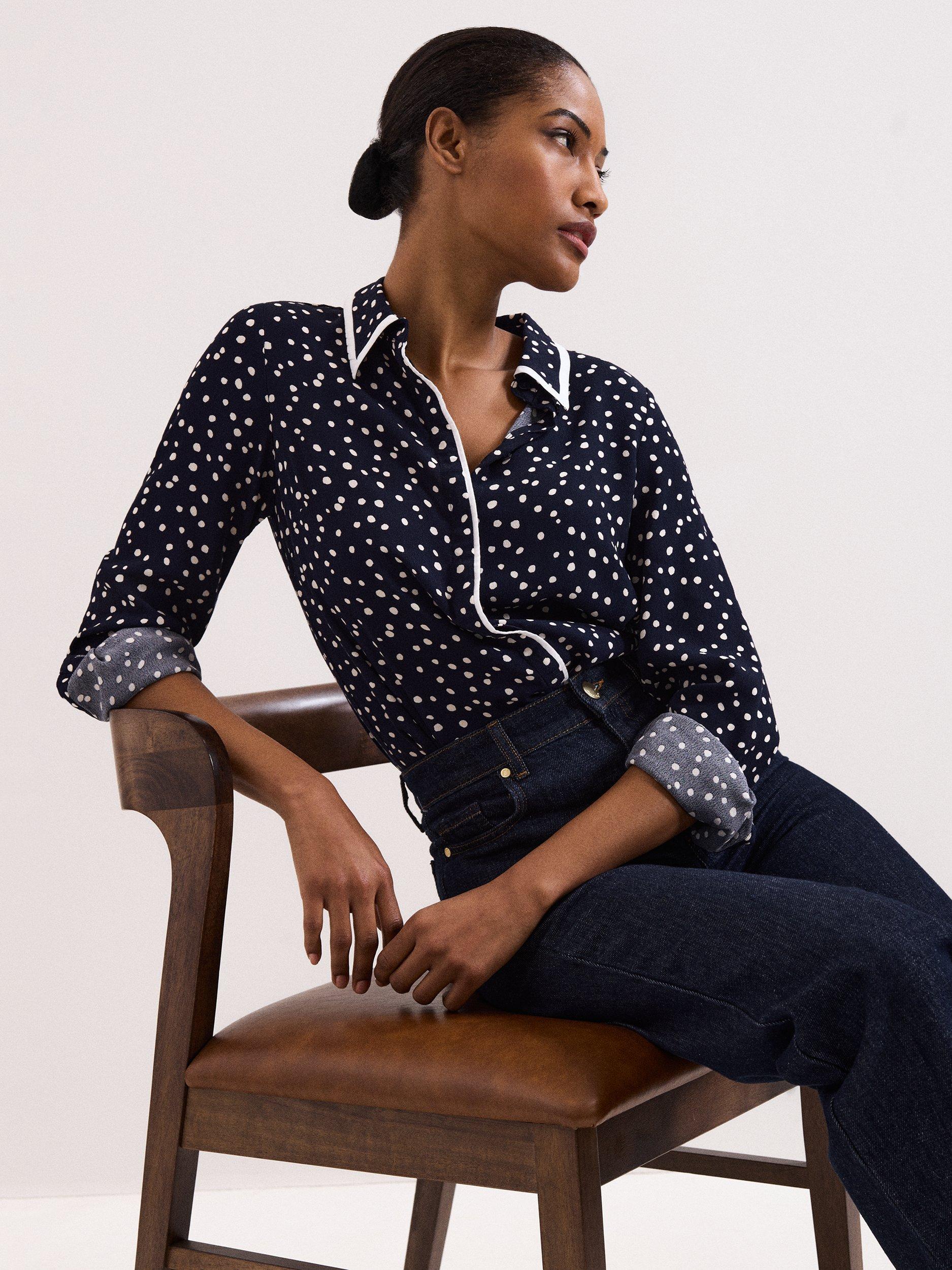 Product image 4 of 9, which shows Phase Eight Rita Spot Print Shirt, Navy/Ivory, 10