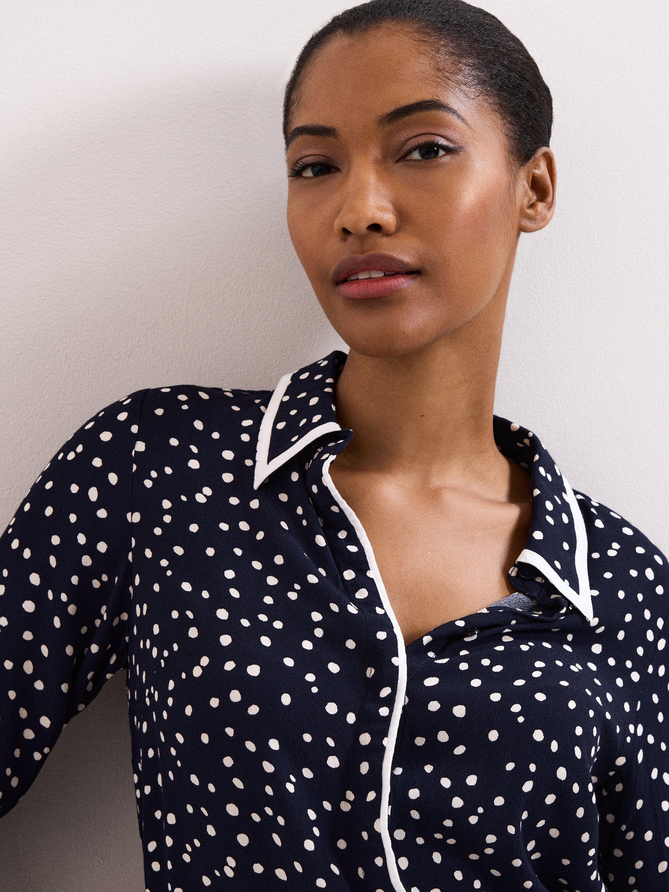Product image 7 of 9, which shows Phase Eight Rita Spot Print Shirt, Navy/Ivory, 10