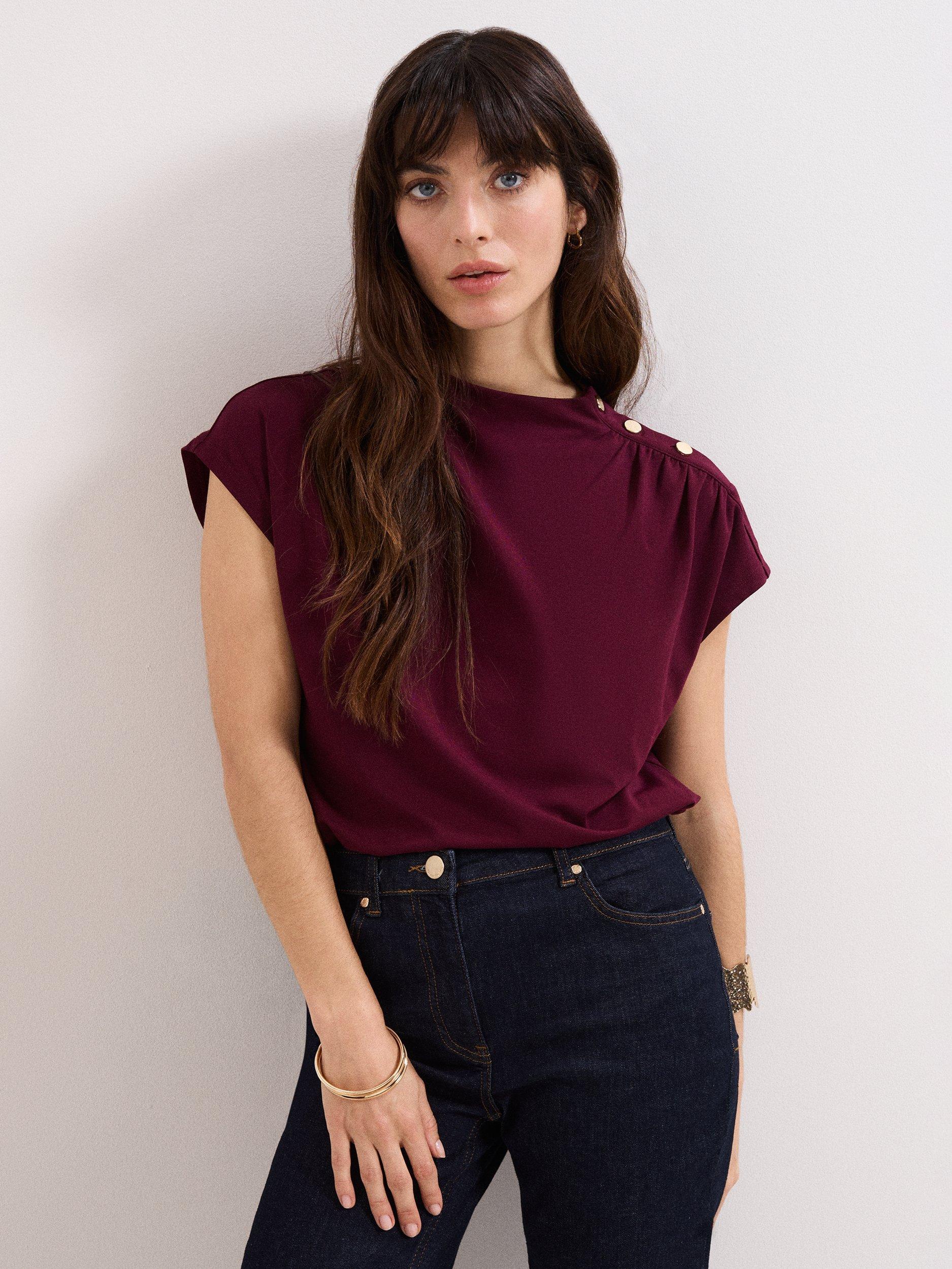 Product image 1 of 8, which shows Phase Eight Paige Button Shoulder Ponte Top, Burgundy, 10