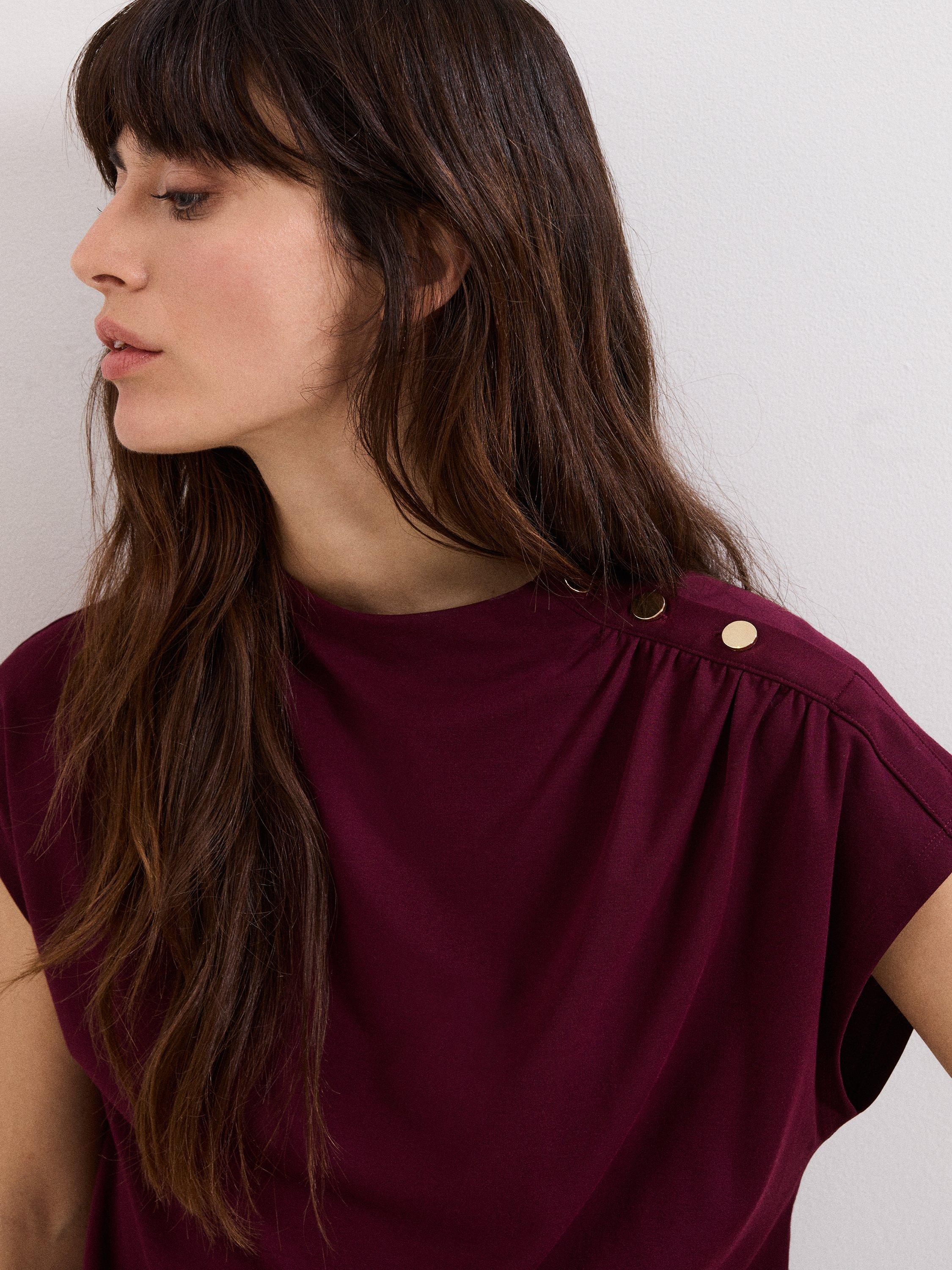 Product image 4 of 8, which shows Phase Eight Paige Button Shoulder Ponte Top, Burgundy, 10
