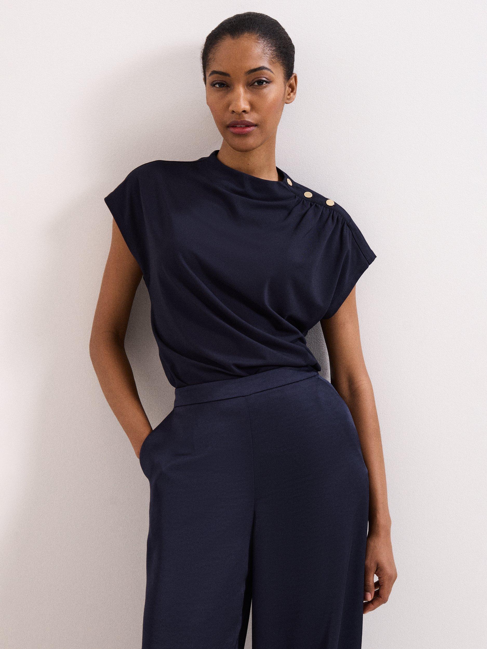 Product image 1 of 9, which shows Phase Eight Paige Button Shoulder Ponte Top, Navy, 10
