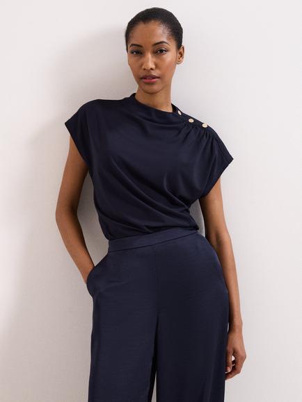 Phase Eight Paige Button Shoulder Ponte Top, Navy, Navy