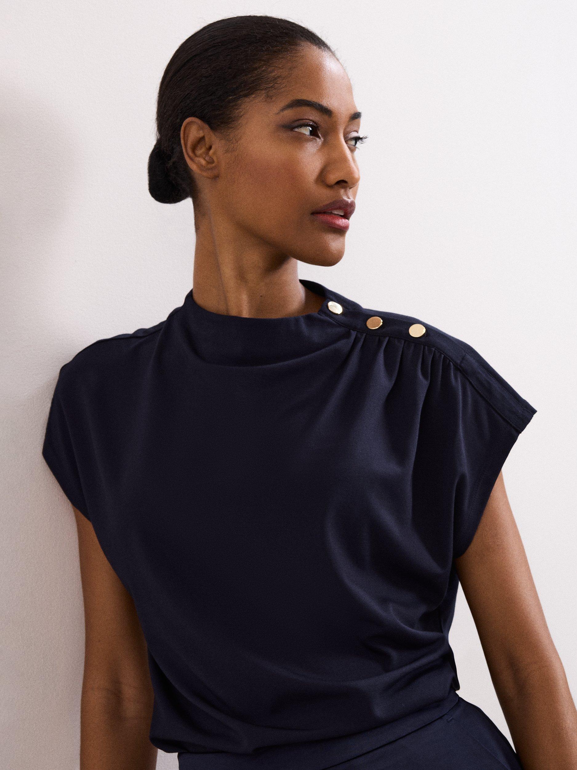 Product image 4 of 9, which shows Phase Eight Paige Button Shoulder Ponte Top, Navy, 10