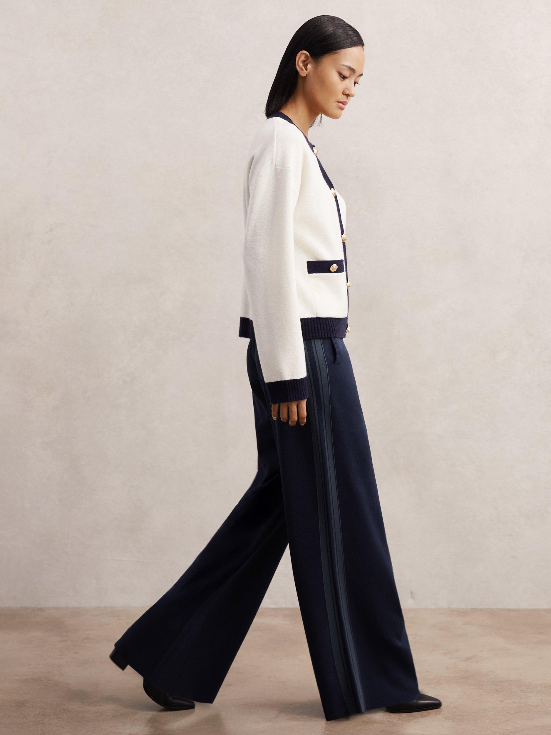 Product image 1 of 4, which shows Reiss Petite Samson Side Stripe Knitted Trousers, Navy, M