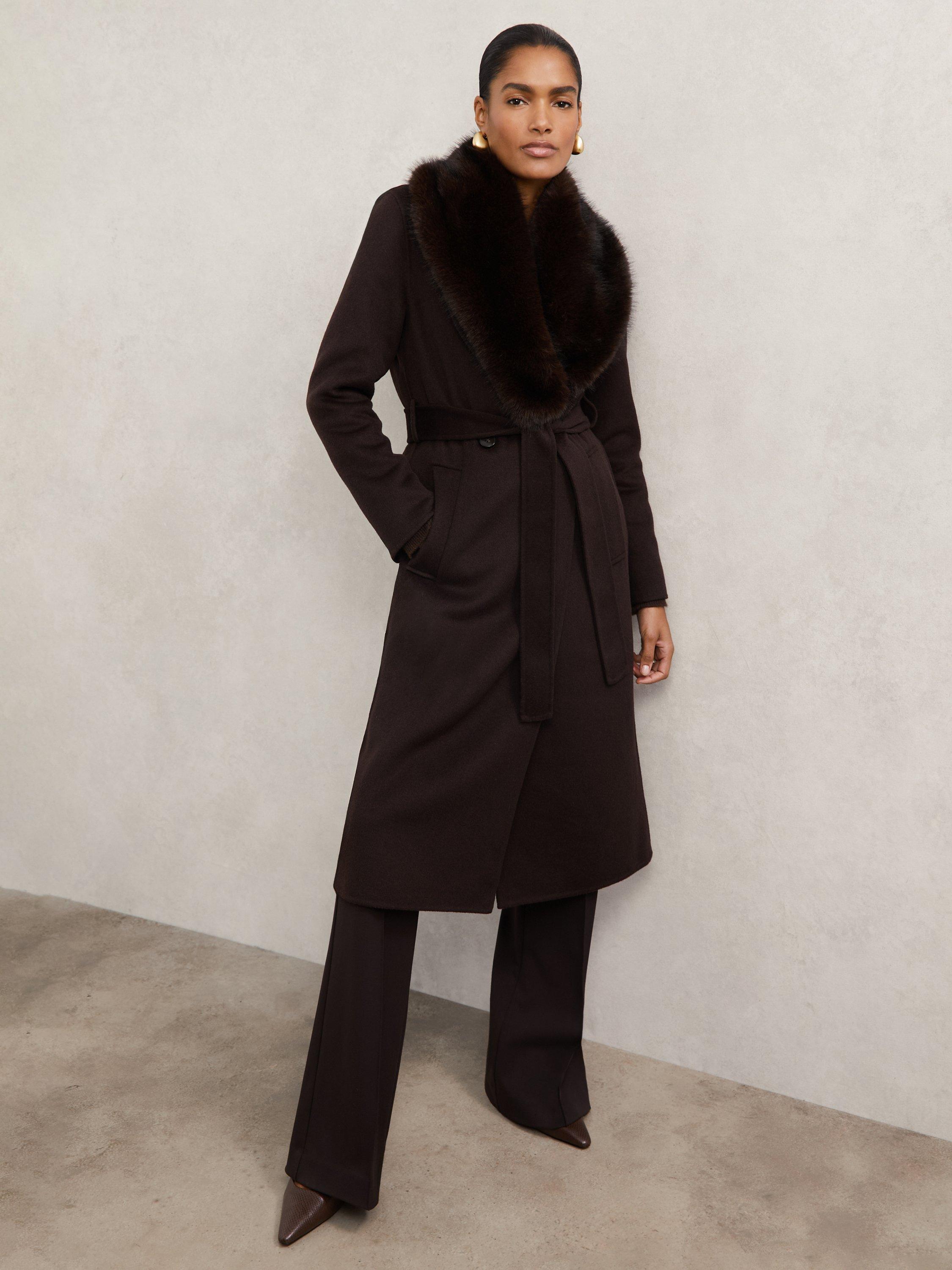 Product image 1 of 5, which shows Reiss Petite Benny Wool Rich Coat, Chocolate Brown, 12Pt