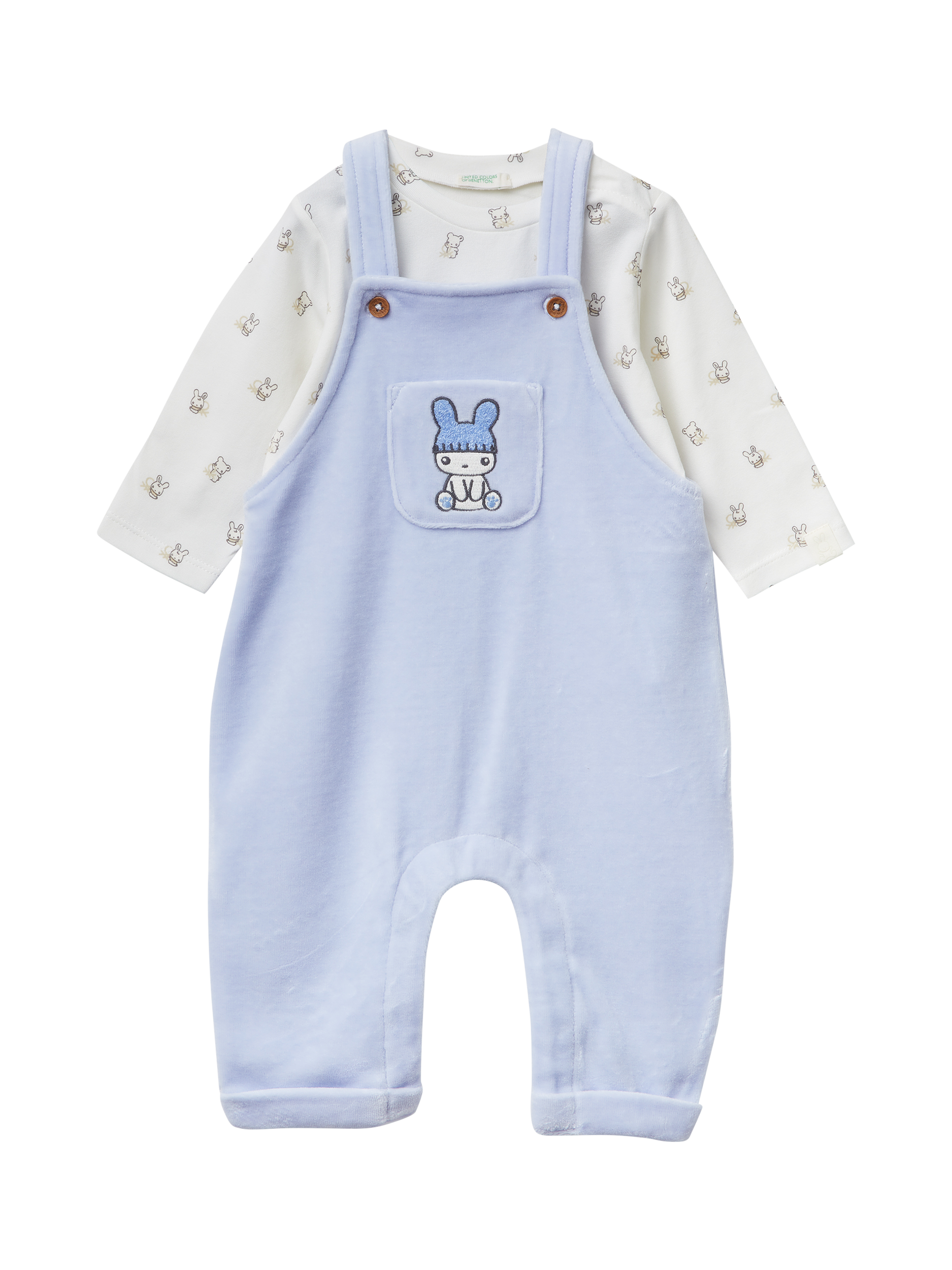 Product image 1 of 3, which shows Benetton Baby Cotton Blend Dungaree Set, Blue, 0-1 months
