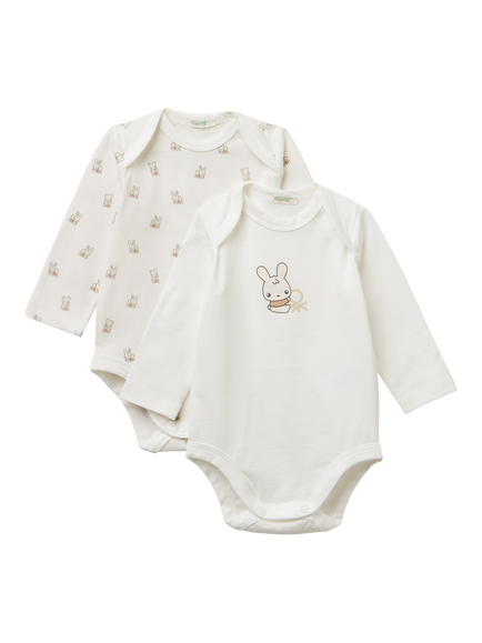 Benetton Baby Cotton Blend Long Sleeved Bodysuit, Pack of 2, White, White