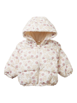Benetton Baby Fleece Lined Floral Padded Jacket, White, White