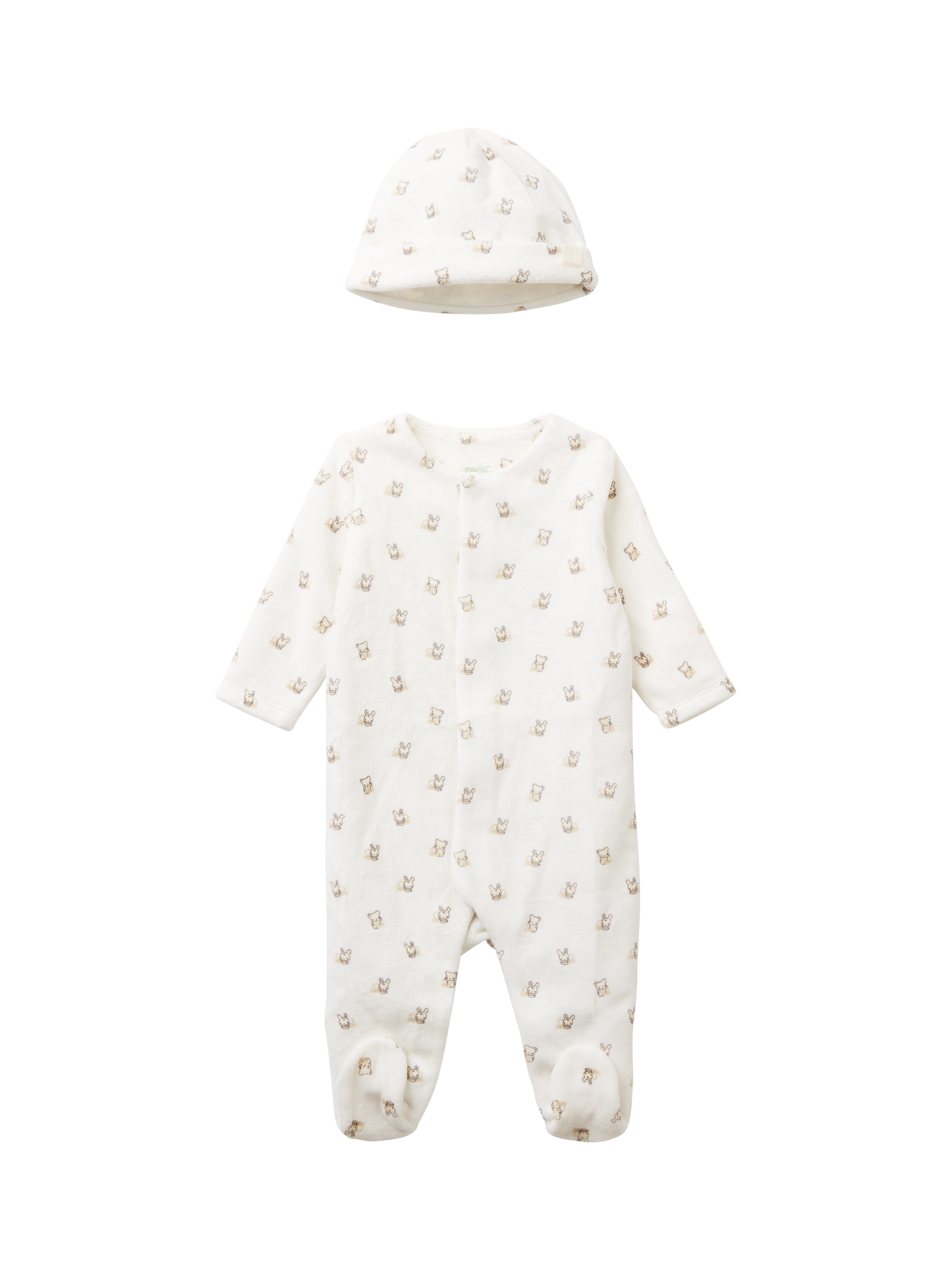 Product image 1 of 3, which shows Benetton Baby Printed Sleepsuit & Hat, White, 0-1 months