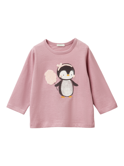 Benetton Baby Pure Cotton Long Sleeved Penguin T-Shirt, Violet, Violet