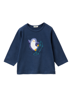 Benetton Baby Pure Cotton Long Sleeved Penguin T-Shirt, Blue, Blue