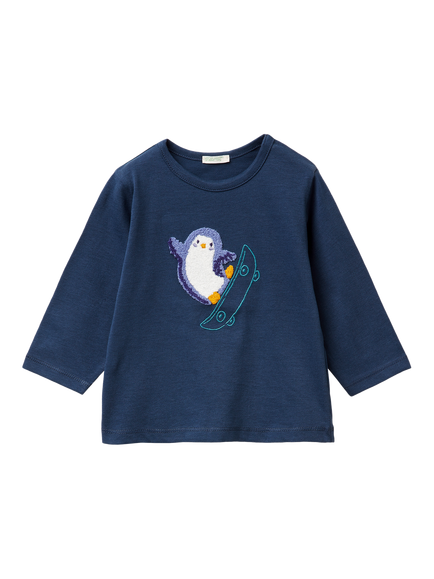 Benetton Baby Pure Cotton Long Sleeved Penguin T-Shirt, Blue, Blue