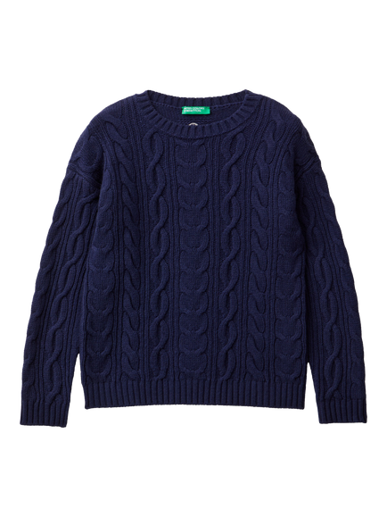 Benetton Kids' Cable Knit Sweater, Blue, Blue