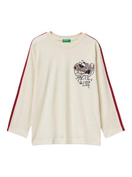 Benetton Kids' Cotton Arctic Life Graphic T-Shirt, Beige, Beige