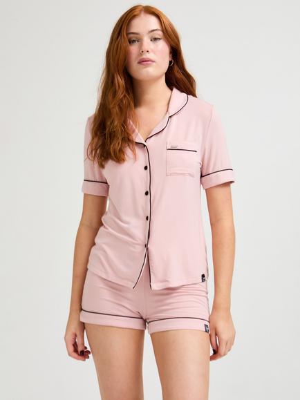Pretty You London Contrast Trim Bamboo Rich Shorty Pyjama Set, Pink, Pink