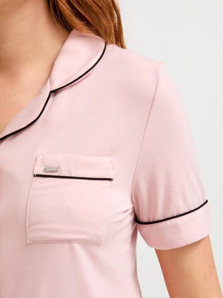 Pretty You London Contrast Trim Bamboo Rich Shorty Pyjama Set, Pink - view 2, Pink