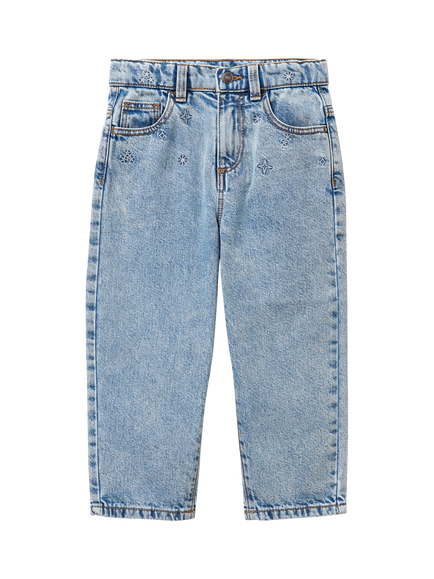 Benetton Kids' Star Embroidered Mom Fit Jeans, Blue, Blue