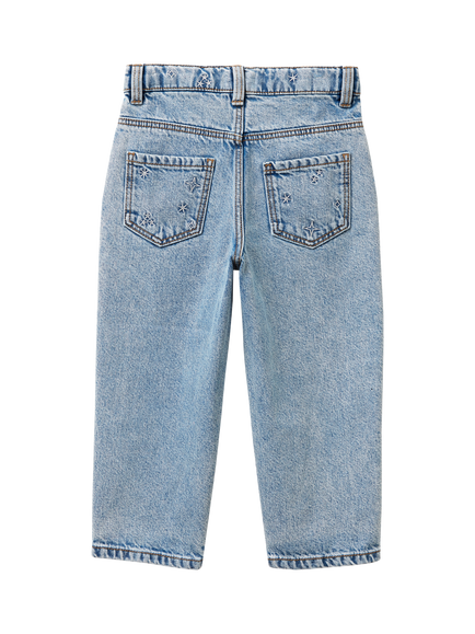 Benetton Kids' Star Embroidered Mom Fit Jeans, Blue - view 2, Blue