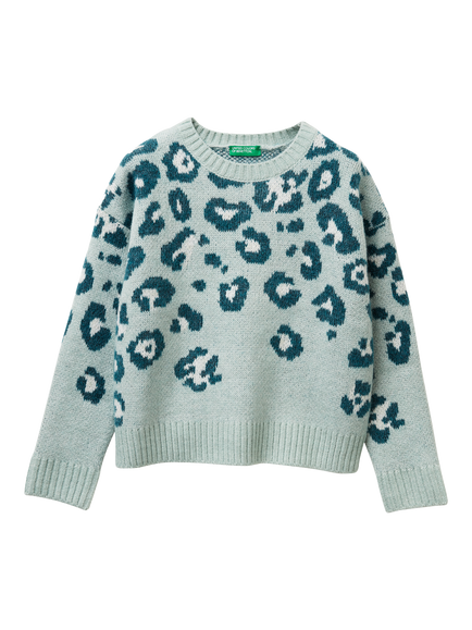 Benetton Kids' Knitted Animal Print Sweater, Green, Green