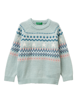 Benetton Kids' Crew Neck Jacquard Jumper, Green, Green