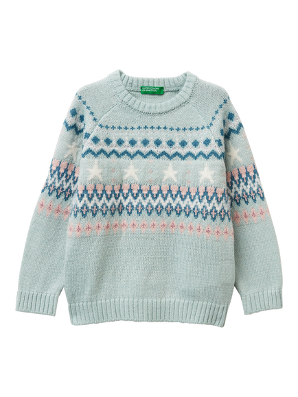 Benetton Kids' Crew Neck Jacquard Jumper, Green, Green