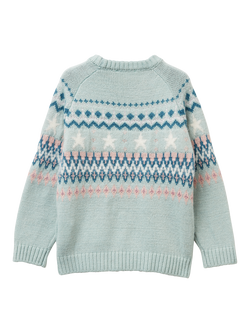 Benetton Kids' Crew Neck Jacquard Jumper, Green - view 2, Green