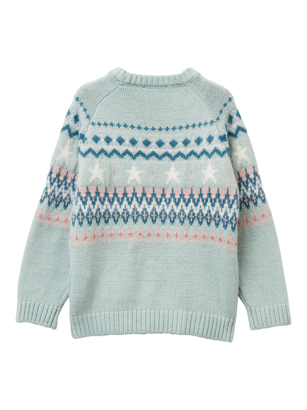 Benetton Kids' Crew Neck Jacquard Jumper, Green - view 2, Green
