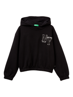 Benetton Kids' Cotton Blend NY Hoodie, Black, Black