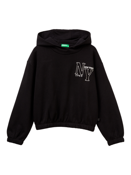 Benetton Kids' Cotton Blend NY Hoodie, Black, Black
