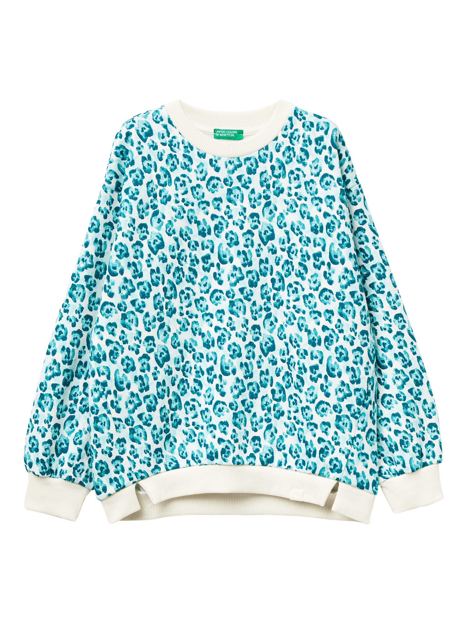 Product image 1 of 3, which shows Benetton Kids' Cotton Blend Leopard Print Sweatshirt, White/Multi, 6-7 years