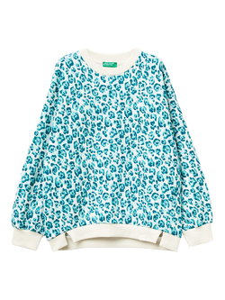 Benetton Kids' Cotton Blend Leopard Print Sweatshirt, White/Multi, White/Multi