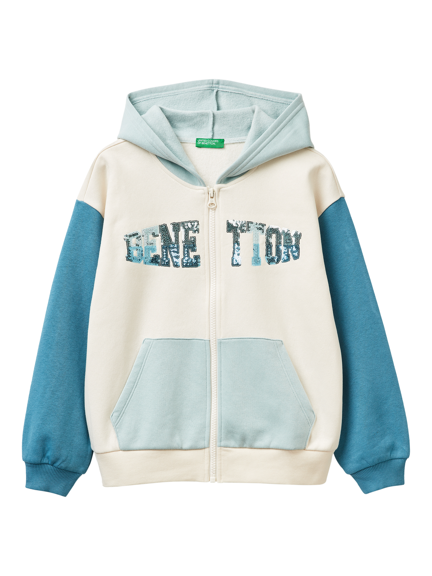 Product image 1 of 3, which shows Benetton Kids' Cotton Blend Sequin Logo Hoodie, Multi, 6-7 years