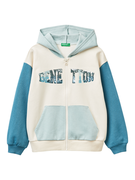 Benetton Kids' Cotton Blend Sequin Logo Hoodie, Multi, Multi