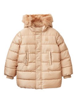 Benetton Kids' Faux Fur Lined Puffer Jacket, Beige, Beige