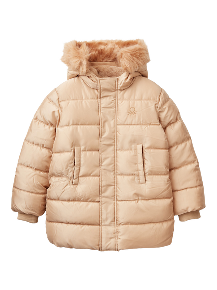 Benetton Kids' Faux Fur Lined Puffer Jacket, Beige, Beige