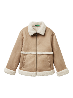 Benetton Kids' Faux Sheepskin Jacket, Beige, Beige